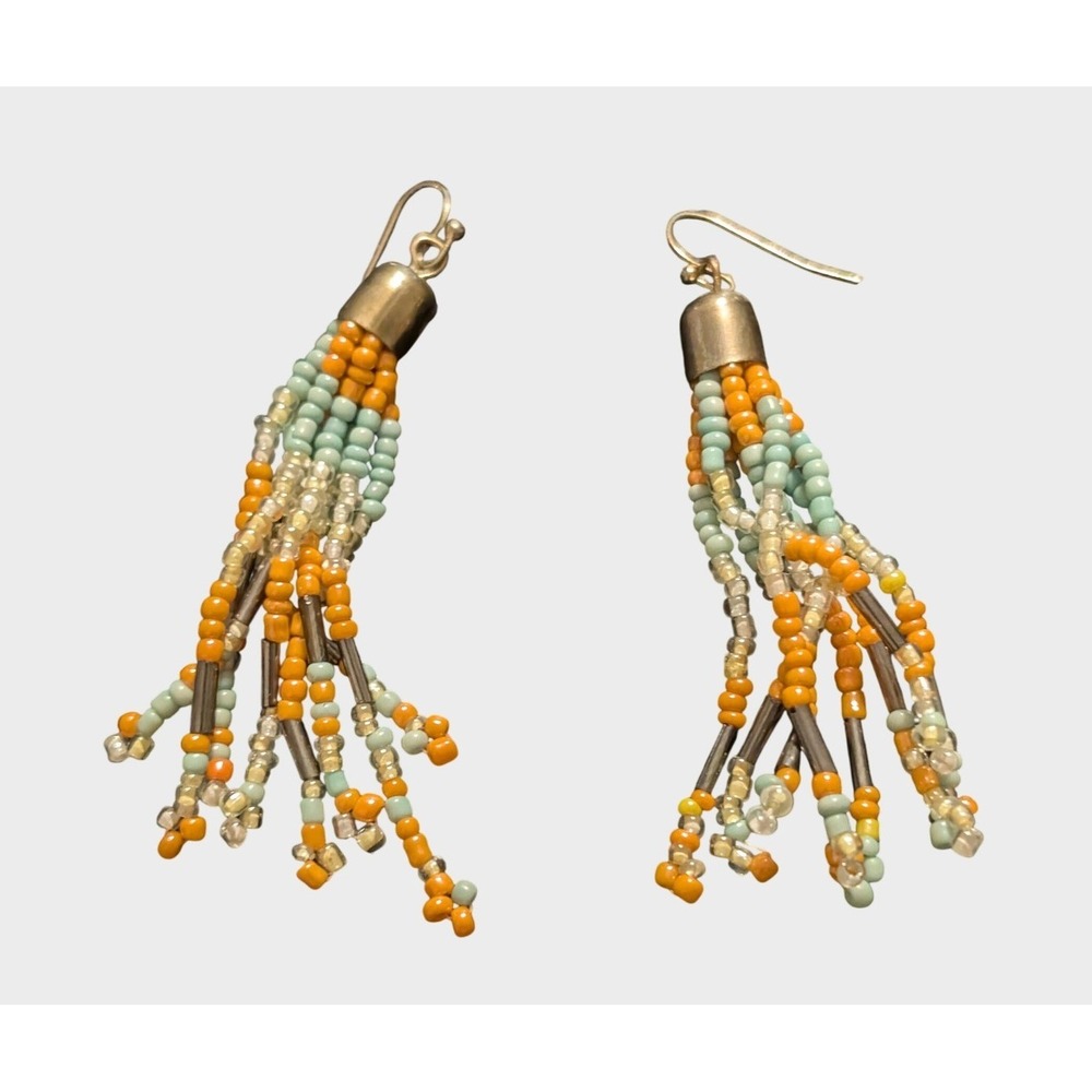 Vintage Beaded Tassel Earrings Orange Turquoise Seed Bead Boho Dangle 3 In
